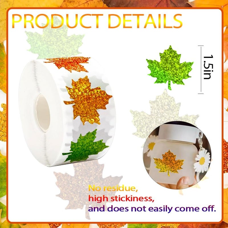 RUPOFUZA 500Pcs Fall Thanksgiving Leaf Stickers 1.5in Maple Leaf Decals 5 Colors Holographic Self Adhesive Label Leaves Stickers Roll for Autumn Party Cards Seal Envelopes Supplies Decor - Image 5